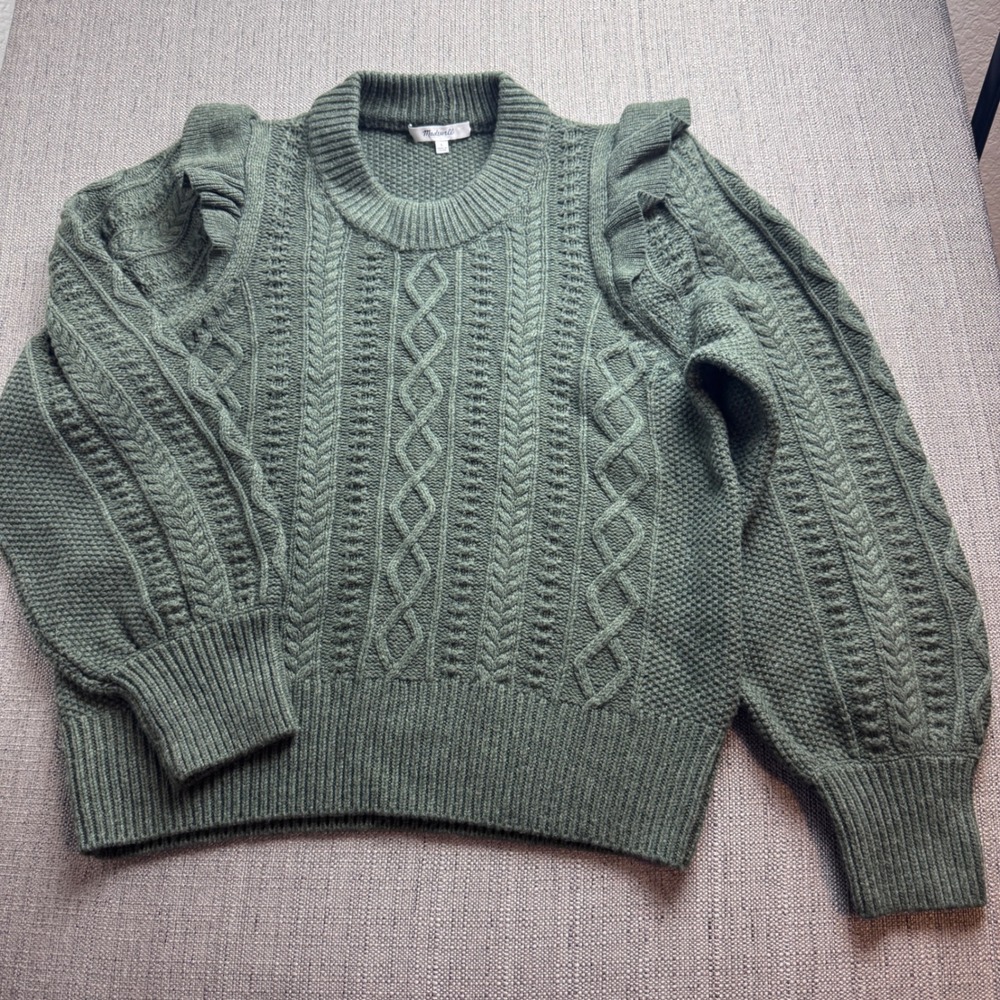 Madewell Ruffle Shoulder Cable Knit Merino Wool Blend Sweater Green L